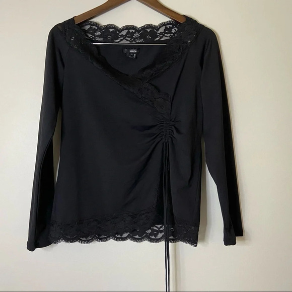 Lace Stretch Cinch Top Ruche String Long Sleeve Sleek Blouse Size Large - Picture 6 of 14